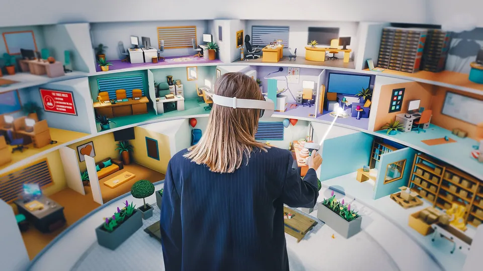 Woman in a VR headset playing the AFAS game with the colourful office rooms around her