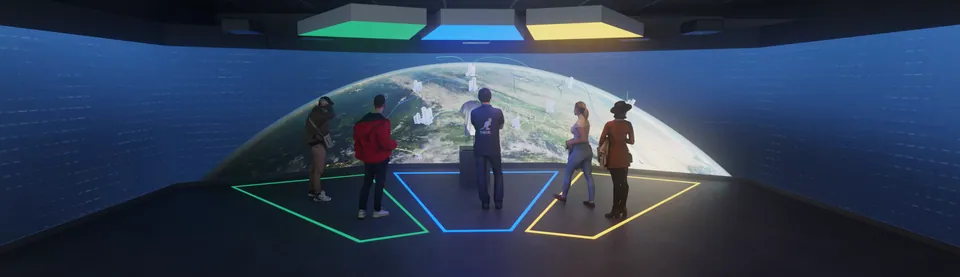 A globe surrounded by archive photos on the 180° wall