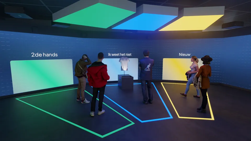 Visitors choosing between second-hand and new by standing in a floor zone