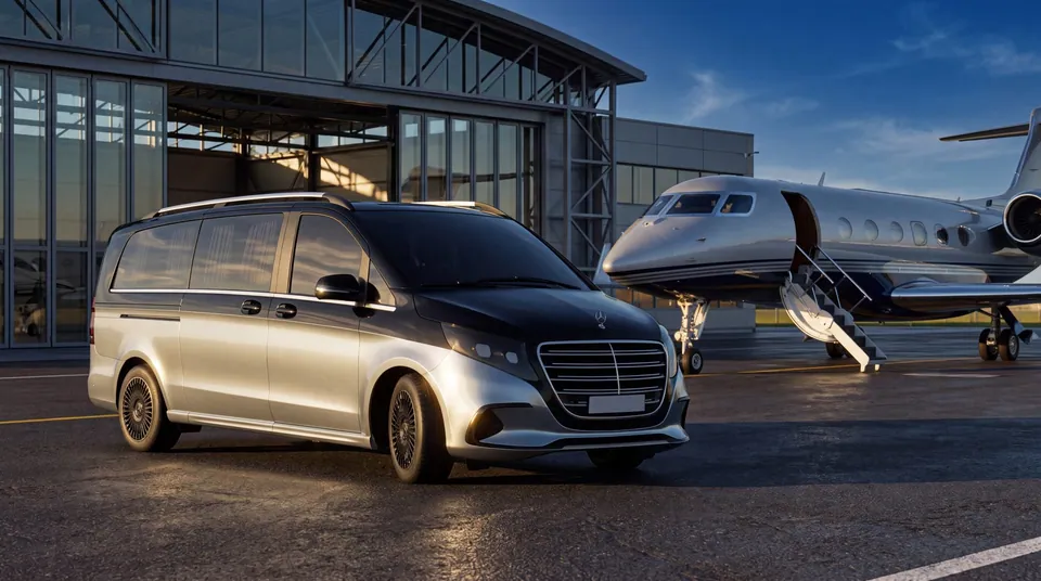 The same Cavalier V-Class in a generated scene next to a private jet